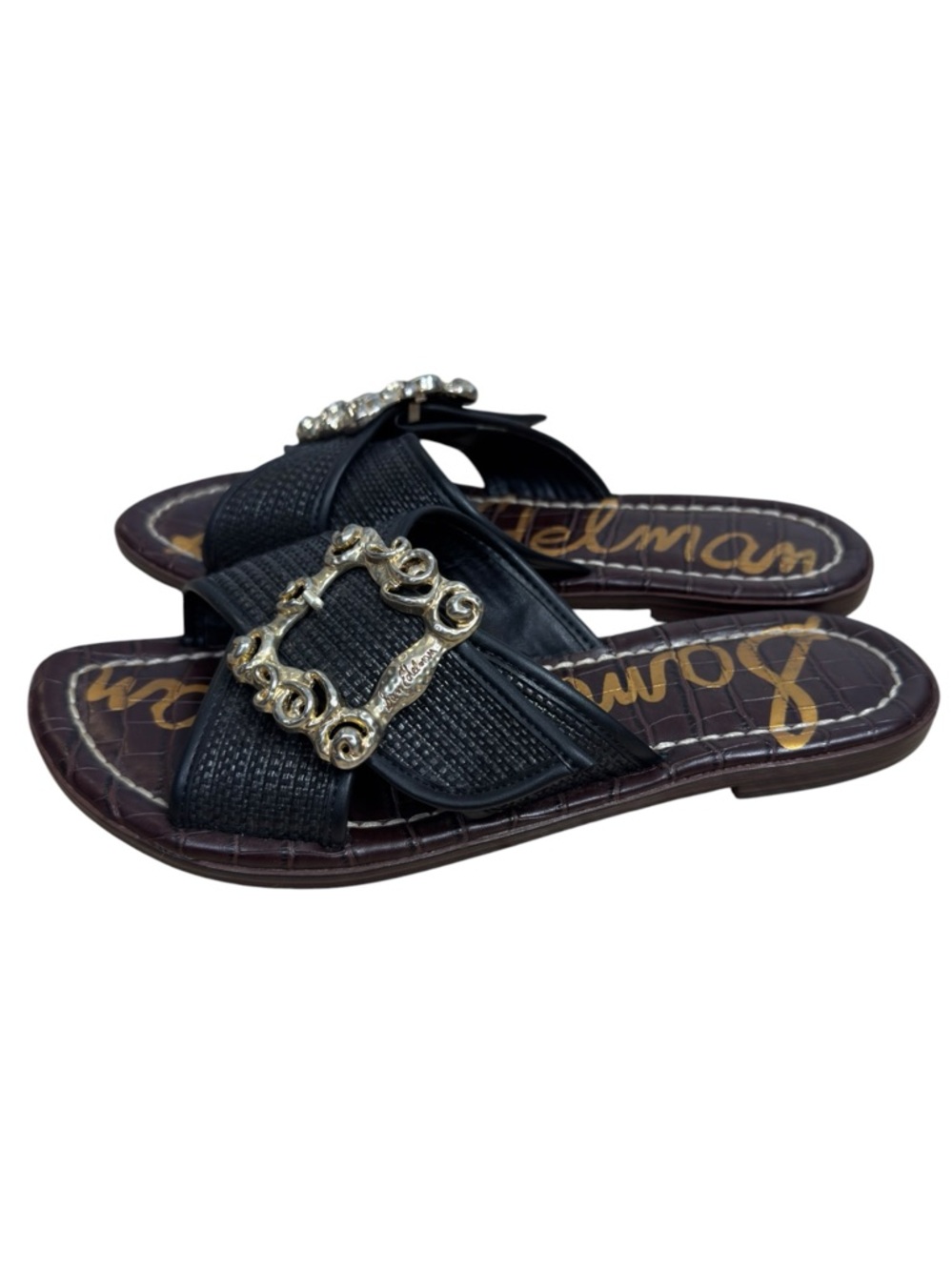 Sam Edelman Black Slide Sandals with Decorative Gold Buckle